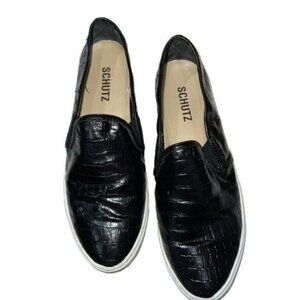 Schutz Slip-On Sneakers Womens 7.5 Black Faux Leather Crocodile Texture Casual